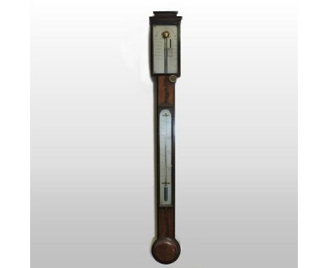 A 19th century walnut and ebony strung stick barometer, the silvered rectangular dial signed Jas Long, Royal Exchange, London