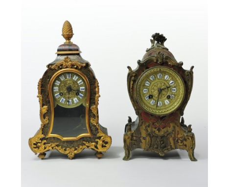A 19th century French boulle and gilt mounted mantel clock, surmounted by an acorn finial, 31cm tall, together with another s