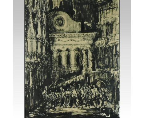 Rosamund de Perinello, (20th century), townscape with orchestra, lithograph, 61 x 49cm, together with two others similar