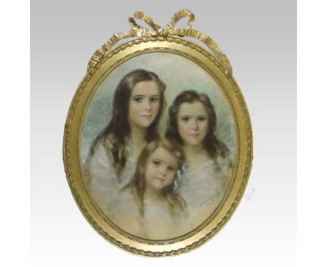 M W Rutherford, (early 20th century), portrait of three sisters, chalk on brown paper, signed and dated 1905, the reverse bea