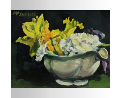 Joe McIntyre *ARR, (b1940), Still life of flowers in a sauceboat, oil on canvas panel, 14 x 17cm