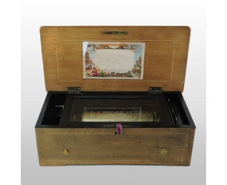 A 19th century Swiss rosewood cased musical box, with marquetry decoration, having with an eight inch cylinder, playing six a
