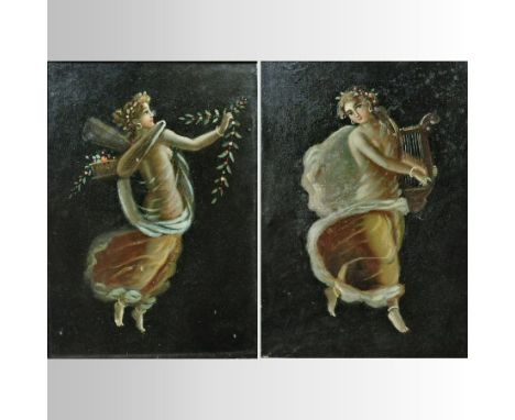 Neapolitan school, (19th century), a portrait of a classical young lady, oil on board, a pair, 19 x 14cm
