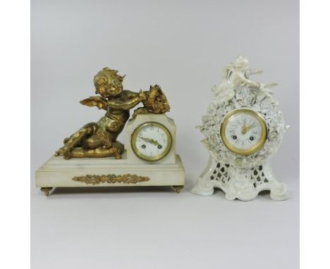 A 19th century Continental blanc de chine porcelain mantel clock, surmounted by a cherub and encrusted with flowers, the pain