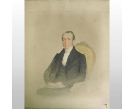 English School, (19th century), portrait of a gentleman seated, watercolour, 40 x 33cm, together with another, Continental Sc