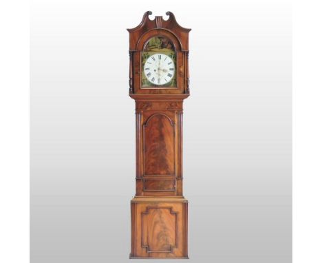 A late George III mahogany cased longcase clock, the swan neck pediment above an arched dial, painted with figures and archit