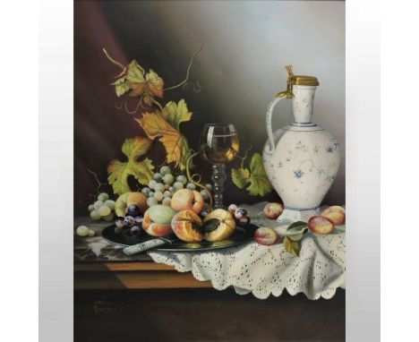 Paul Morgan *ARR, (b1940), still life with vase and fruit, signed oil on board, 49 x 39cm