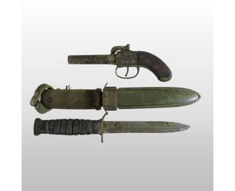 A US army fighting knife, the blade stamped US M3 PAL, in an M8 scabbard, together with a 19th century percussion pistol (2)