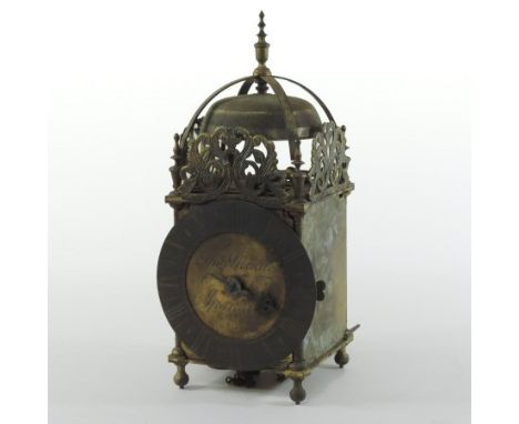 An 18th century style brass lantern clock, the brass dial signed Tho Moore, Ipswich, within a brass chapter ring with Roman h