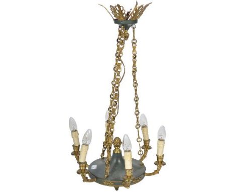 An early 20th Century French Empire revival ceiling light chandelier lamp comprising of a central green metal hanging section