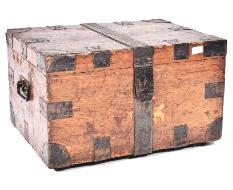 A late 19th Century Victorian oak and ironbound silver chest / travel trunk inscribed to the hinged lid atop "Miss Pennington
