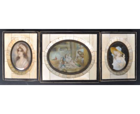 A collection of three early 19th Century watercolour miniature paintings comprising a portrait miniature on ivory depicting G