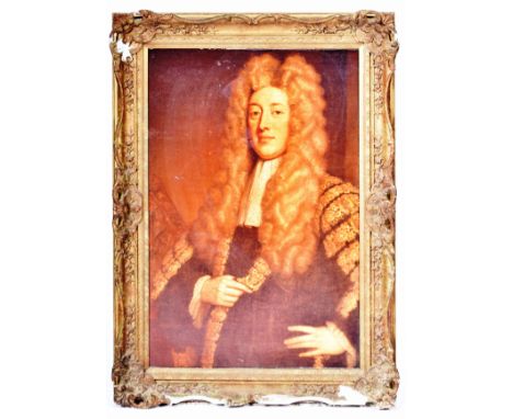 A 20th Century oleograph on canvas portrait painting depicting a wealthy gentleman seated in full garments. Set with a gilt f