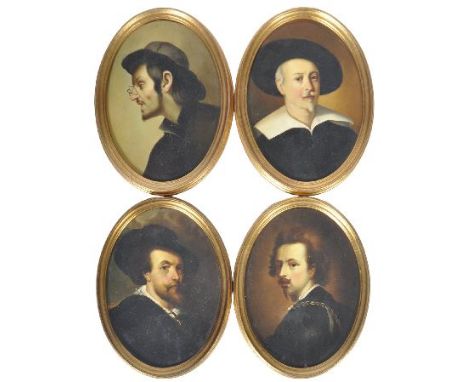A set of four 20th Century reproduction oval oil on board self-portrait paintings in the manner of Italian and Dutch Old Mast