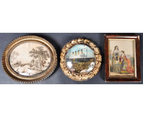 A group of three small miniature pictures dating from the 19th Century comprising an early 20th Century Sailors shell framed 