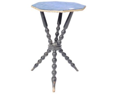 A late 19th Century Victorian Aesthetic Movement gypsy table having an octagonal top with blue velvet cover raised on&nbsp;ra