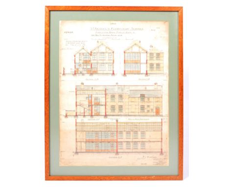 An early 20th Century Edwardian architectural hand drawn in pen and ink with coloured detailing building plans for St. Antony