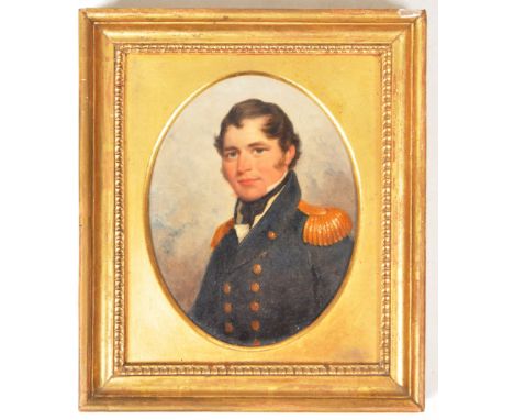 A 19th Century Victorian Naval Waterloo interest oil on board portrait painting study depicting a gentleman in Naval military