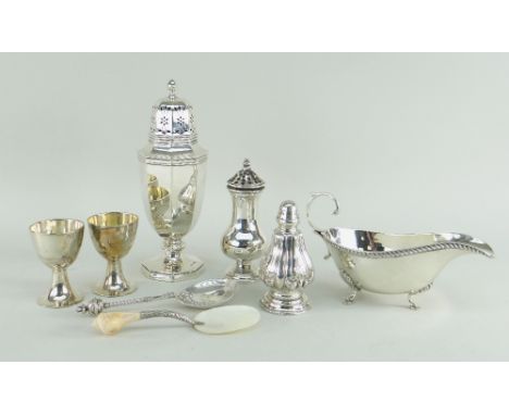 ASSORTED SILVER TABLEWARE including continental silver spoon with engraved fig shaped bowl and orb finial, a Walker &amp; Hal