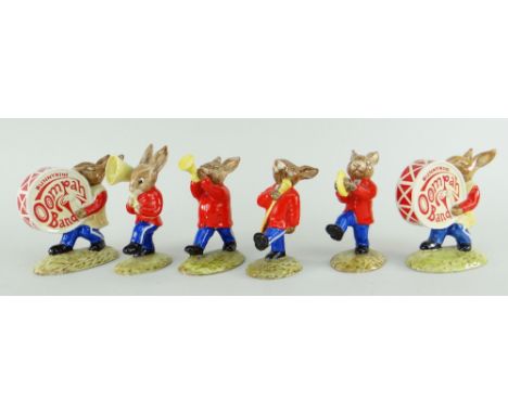 ROYAL DOULTON 'BUNNYKINS' FIGURES, Oompah band: figures in red colourway comprising Sousaphone DB23, Trumpet DB24, Symbols DB