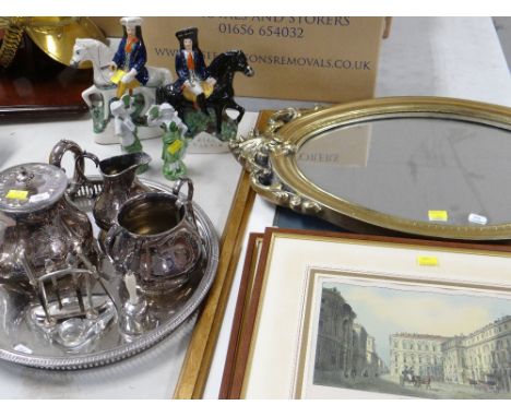 ASSORTED ORNAMENTS including a Tom King &amp; Dick Turpin Staffordshire figures, plated teaset, silver mounted cuticle set, d