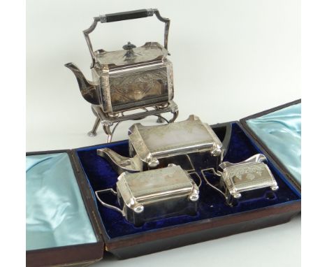 CASED THREE-PIECE VICTORIAN SILVER TEA SET &amp; MATCHING EPNS SPIRIT KETTLE &amp; STAND with conforming engraved decoration 