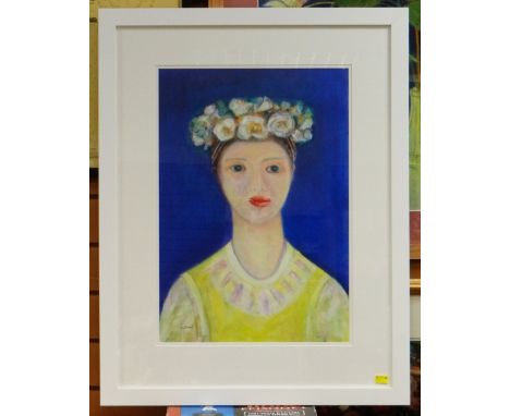 LYN (ELUNED) GRANT RCA mixed media - head and shoulders portrait of a female with flowers in her hair, signed, 55 x 37cms