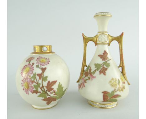 TWO ITEMS OF ROYAL WORCESTER BLUSH IVORY PORCELAIN comprising twin-handled narrow necked vase, 14cms high and a smaller globu