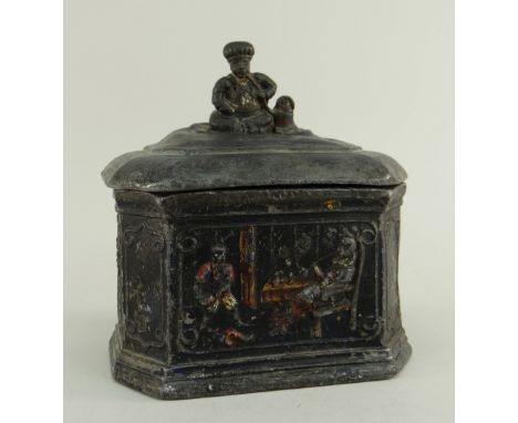 EARLY VICTORIAN PAINTED LEAD TOBACCO BOX of rectangular form and having all round relief decoration featuring two panels with