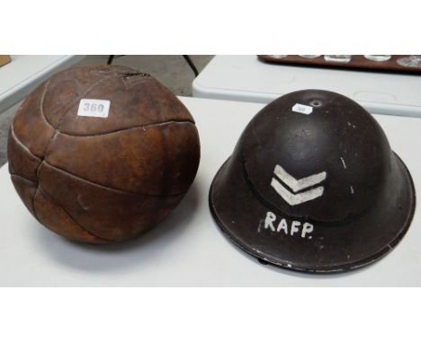 VINTAGE LEATHER MEDICINE BALL &amp; WWII TIN HELMET PAINTED 'RAFP' &amp; CORPORAL STRIPES (2)