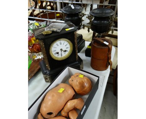 BELGIAN SLATE &amp; MARBLE MANTEL CLOCK GARNITURE, leather cased triple spirit flask, unstrung composition baby doll (5)