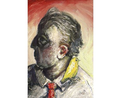 MICHAEL GUSTAVIUS PAYNE oil on board - head and shoulders portrait of a gentleman with canary perched on his shoulder, entitl