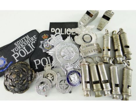 ASSORTED POLICE BADGES &amp; WHISTLES 