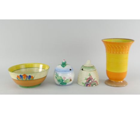 FOUR ITEMS OF BRITISH 20TH CENTURY CERAMICS comprising Clarice Cliff 'Crocus' bowl, 17.5cms diam., Shelley orange and yellow 