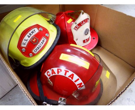 THREE AMERICAN FIRE BRIGADE HELMETS including US Army helmet (3)