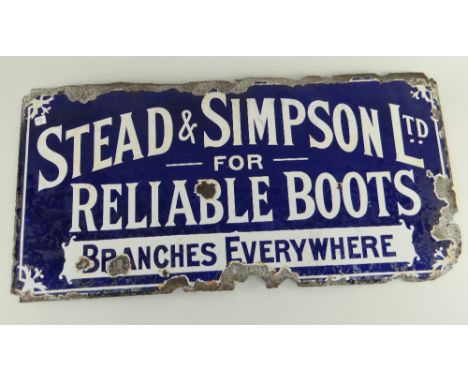 EARLY 20TH CENTURY ENAMEL ADVERTISING SIGN for Stead &amp; Simpson Ltd for 'Reliable Boots Branches Everywhere', 61 x 30cms
