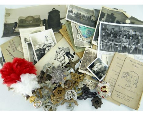 ASSORTED BRITISH PHOTOGRAPHS, REGIMENTAL CAP BADGES &amp; EPHEMERA FROM WORLD WAR II &amp; LATER including ration books, over