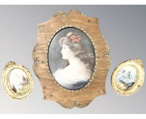 A small pair of continental oils on board, alpine scenes, each 9.5cm by 7cm, together with an oak-framed lithograph portrait 