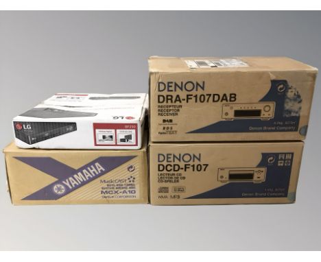 A Yamaha natural sound stereo tuner TX-492RDS, two boxed Denon receivers, a boxed LG Blu-Ray DVD player and a further boxed Y