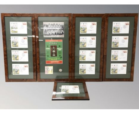 A group of framed montages of Newcastle United Vs Liverpool, Wembley 1974 FA cup final covers bearing various signatures, fur