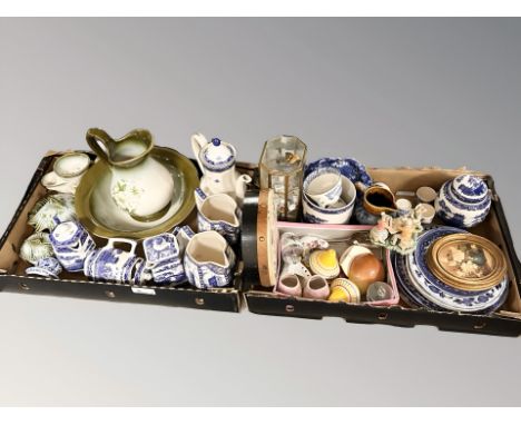 Assorted blue and white ceramics including Ringtons, a small still life oil painting, a glazed stand containing cloisonne and