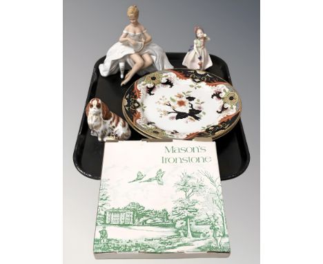 Two Royal Doulton Matsumai plates, a Masons ironstone plate, a Royal Crown Derby cavalier King Charles spaniel paperweight wi
