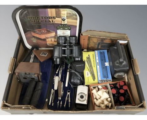 A group of cameras, binoculars, torch, chess set, precision drawing set, metronome, etc. (1 box)