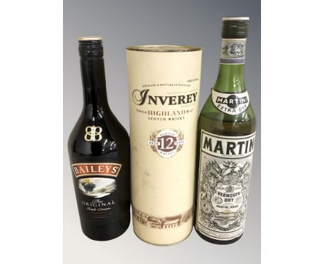 A bottle of Inverey Single highland malt scotch whisky aged 12 years, 70cl in carton, bottle of Bailey's Irish cream 700ml an