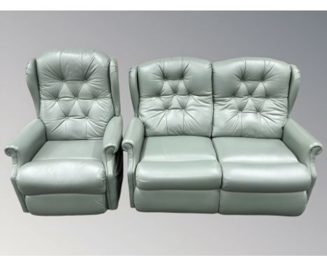 A La-z-boy green leather two seater settee, length 140 cm, and matching manual reclining armchair.