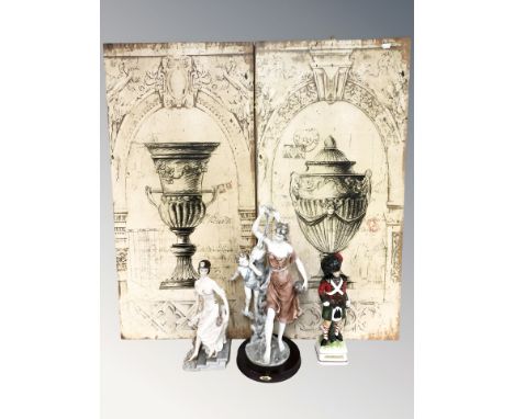 Two contemporary canvas pictures, two resin figures and a ceramic decanter in the form of a highlander.