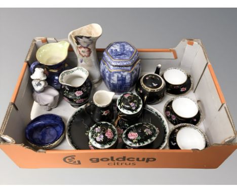 A Maling Cetem Ware black ground teapot and group of tea cups and saucers, further dressing table items, Ringtons hexagonal c