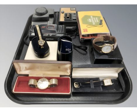 A group of cameras including Kodak, several wristwatches including gent's Rotary gold plated calendar wristwatch, lady's Rota