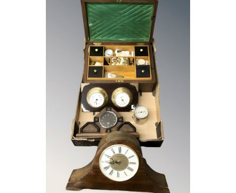 A sewing box and contents, time piece and barometer mounted on board, Elliott Speed indicator and two mantel clocks 