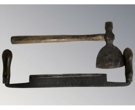 An antique carpenter's twin handled drawer blade, width 51 cm and an axe 